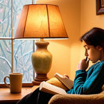 A person sitting comfortably in a cozy armchair, journaling by the warm light of a floor lamp. The journal is open, and the person has a pen in hand, looking thoughtful. Soft, warm colors. Focus on conveying a sense of introspection and peace. Perhaps a steaming mug of tea is nearby. Style: Impressionistic, reminiscent of Van Gogh.