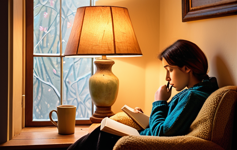 A person sitting comfortably in a cozy armchair, journaling by the warm light of a floor lamp. The journal is open, and the person has a pen in hand, looking thoughtful. Soft, warm colors. Focus on conveying a sense of introspection and peace. Perhaps a steaming mug of tea is nearby. Style: Impressionistic, reminiscent of Van Gogh.