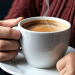 A person consciously enjoying a cup of coffee in the morning, focusing on the taste and aroma, without any distractions from electronic devices.