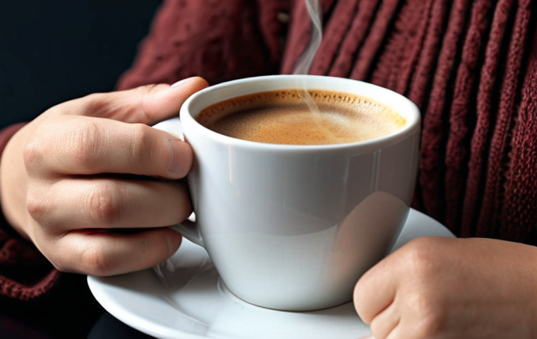 A person consciously enjoying a cup of coffee in the morning, focusing on the taste and aroma, without any distractions from electronic devices.