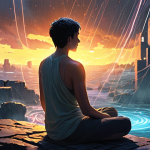 **Image Prompt 1: The Inner Compass in a Hectic World**
    A serene, gender-neutral figure sits in a contemplative pose, eyes closed, radiating a soft, warm light from their chest. This light symbolizes their 'inner compass' and self-awareness. Around them, the environment is a blurred, dynamic representation of modern urban life and digital chaos: glowing screens, fast-moving figures, and abstract digital data streams. Despite the surrounding turbulence, the person appears completely calm and centered, a peaceful island amidst the storm of daily demands. The overall mood is one of quiet strength, introspection, and finding clarity. **Style:** Concept art, digital painting, soft volumetric lighting, high detail, vibrant yet calming color palette.