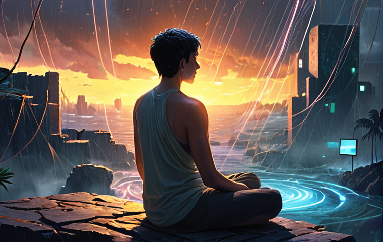 **Image Prompt 1: The Inner Compass in a Hectic World**
    A serene, gender-neutral figure sits in a contemplative pose, eyes closed, radiating a soft, warm light from their chest. This light symbolizes their 'inner compass' and self-awareness. Around them, the environment is a blurred, dynamic representation of modern urban life and digital chaos: glowing screens, fast-moving figures, and abstract digital data streams. Despite the surrounding turbulence, the person appears completely calm and centered, a peaceful island amidst the storm of daily demands. The overall mood is one of quiet strength, introspection, and finding clarity. **Style:** Concept art, digital painting, soft volumetric lighting, high detail, vibrant yet calming color palette.