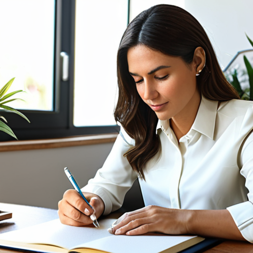 Goal Setting**

"A professional woman in a modest, but stylish business casual outfit, sitting at a bright, modern desk in a sunlit home office, writing in a beautiful journal. Focus on her determined but peaceful expression. Surrounded by inspirational decor and plants. fully clothed, appropriate attire, safe for work, perfect anatomy, natural proportions, professional, family-friendly, well-formed hands, proper finger count."

**