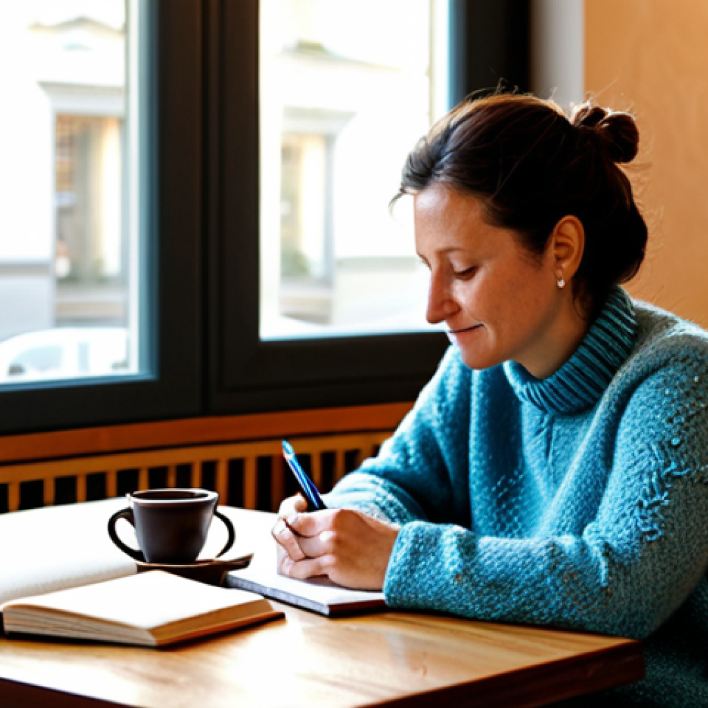 Reflecting on Values**
"A woman in her late 30s, sitting at a wooden table in a cozy café in Berlin. She's wearing a comfortable, fully clothed knitted sweater and jeans, writing in a journal with a fountain pen. Sunlight streams through the window. In the background, other patrons are enjoying coffee and cake. The scene should evoke a sense of introspection and peace. safe for work, appropriate content, fully clothed, professional, perfect anatomy, natural proportions, family-friendly."
**