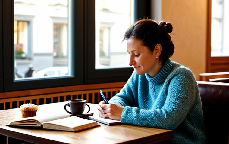 Reflecting on Values**

"A woman in her late 30s, sitting at a wooden table in a cozy café in Berlin. She's wearing a comfortable, fully clothed knitted sweater and jeans, writing in a journal with a fountain pen. Sunlight streams through the window. In the background, other patrons are enjoying coffee and cake. The scene should evoke a sense of introspection and peace. safe for work, appropriate content, fully clothed, professional, perfect anatomy, natural proportions, family-friendly."

**