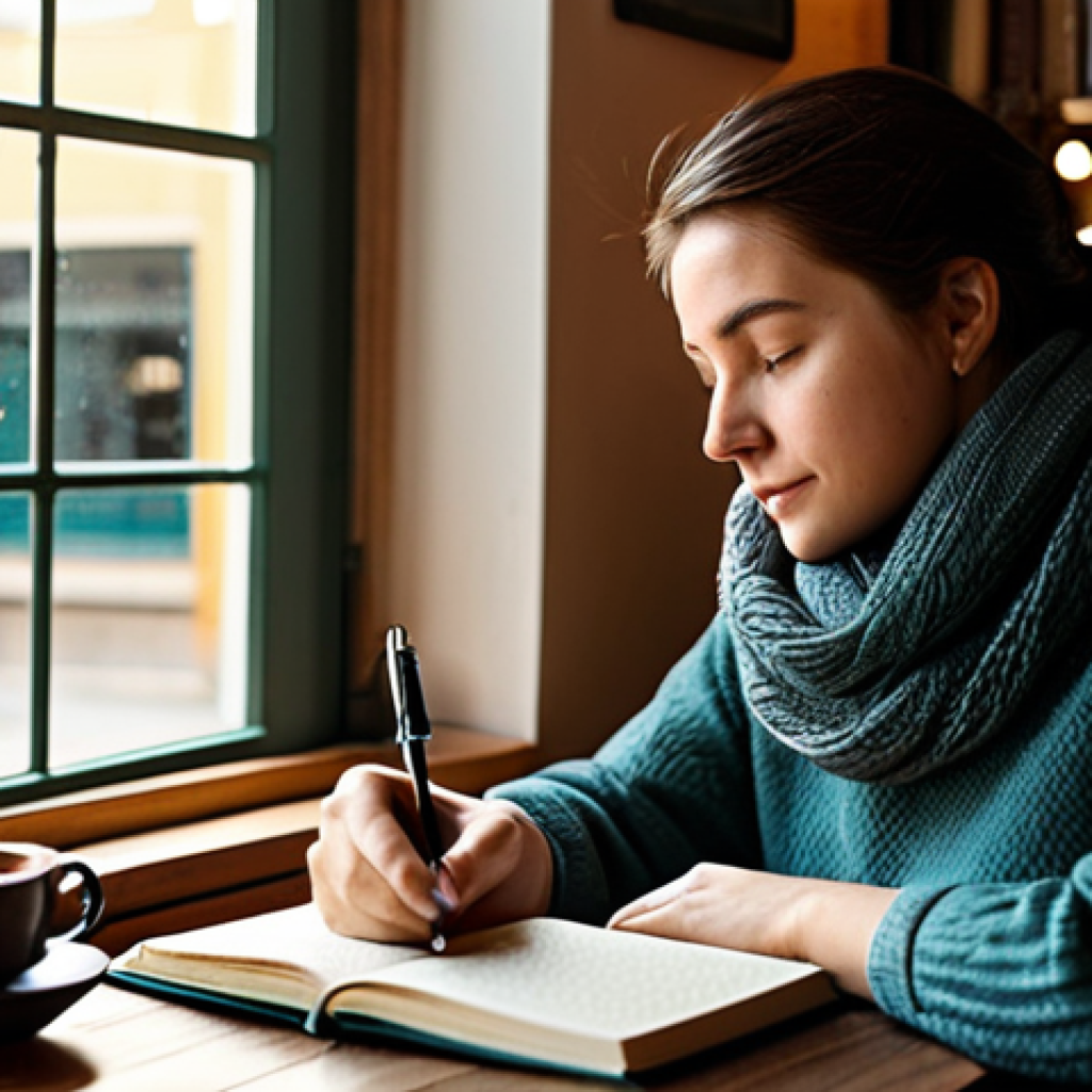 **
A woman sitting at a cozy cafe table, journaling with a fountain pen in a leather-bound diary. She's wearing a comfortable sweater and scarf, looking thoughtful and content. Sunlight streams through the window of the cafe. Background: Soft focus on the cafe interior with bookshelves and warm lighting. Keywords: introspection, journaling, personal growth, self-discovery, cozy atmosphere, fully clothed, modest attire, safe for work, appropriate content, professional quality, natural proportions.
**