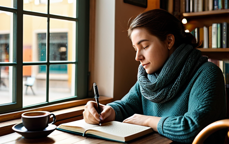 **

A woman sitting at a cozy cafe table, journaling with a fountain pen in a leather-bound diary. She's wearing a comfortable sweater and scarf, looking thoughtful and content. Sunlight streams through the window of the cafe. Background: Soft focus on the cafe interior with bookshelves and warm lighting. Keywords: introspection, journaling, personal growth, self-discovery, cozy atmosphere, fully clothed, modest attire, safe for work, appropriate content, professional quality, natural proportions.

**