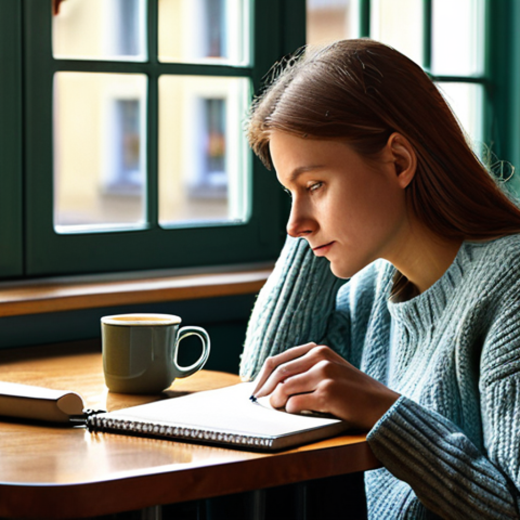 Reflecting on Values**
"A woman in a cozy, sunlit German cafe, fully clothed in a warm sweater and jeans, sitting at a table with a notebook and pen. She has a thoughtful expression, gazing out the window. The scene evokes introspection and peace. safe for work, appropriate content, professional, perfect anatomy, correct proportions, natural pose, well-formed hands, proper finger count, natural body proportions"
**
