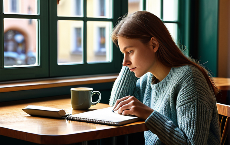 Reflecting on Values**
"A woman in a cozy, sunlit German cafe, fully clothed in a warm sweater and jeans, sitting at a table with a notebook and pen. She has a thoughtful expression, gazing out the window. The scene evokes introspection and peace. safe for work, appropriate content, professional, perfect anatomy, correct proportions, natural pose, well-formed hands, proper finger count, natural body proportions"
**