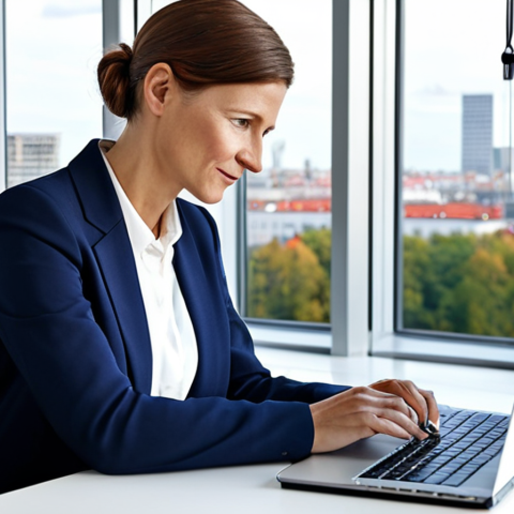 Modern Office Scene**
"A professional businesswoman, in her late 30s, wearing a tailored, modest dark blue business suit and a crisp white blouse, sitting at a clean, minimalist desk in a bright, modern office overlooking the Berlin skyline. Natural lighting. Laptop and a stylish notebook on the desk. Safe for work, appropriate content, fully clothed, professional, perfect anatomy, natural proportions, high quality, realistic."
**