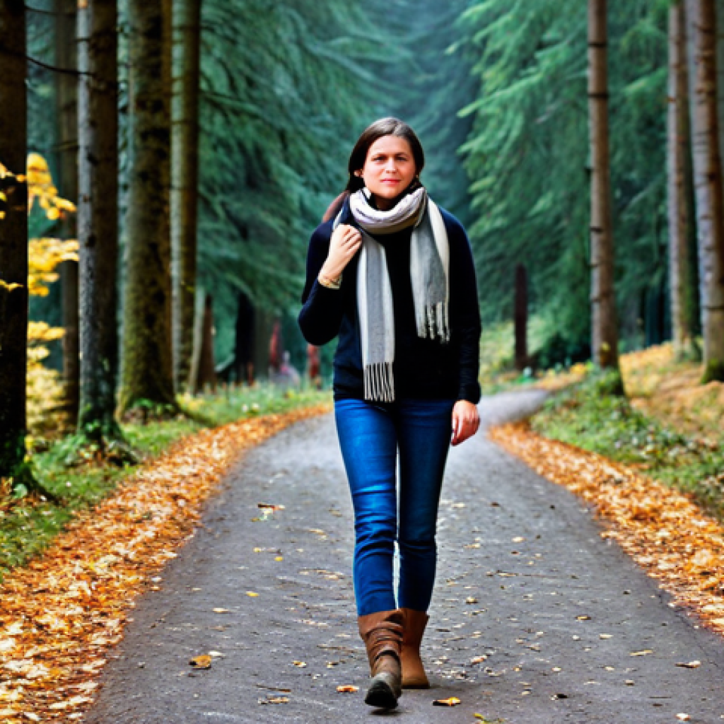 자기 성찰과 외부 피드백의 가치 - Reflective Nature Walk**
A woman in a cozy, fully clothed autumn outfit (scarf, sweater, jeans, boo...