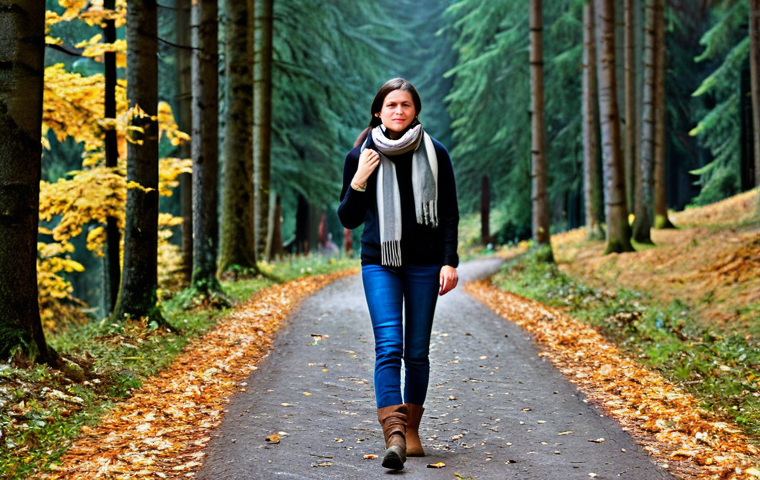 자기 성찰과 외부 피드백의 가치 - Reflective Nature Walk**

A woman in a cozy, fully clothed autumn outfit (scarf, sweater, jeans, boo...