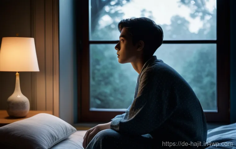 자기 성찰을 통한 불안감 극복하기 - **Prompt:** A person (gender-neutral, adult) sitting on the edge of a bed in a dimly lit, cozy bedro...
