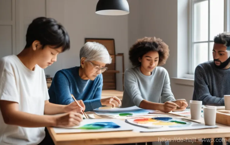 자기 성찰을 위한 그룹 활동 아이디어 - "A diverse group of 6-8 adults, including men and women of various ages, are comfortably seated arou...