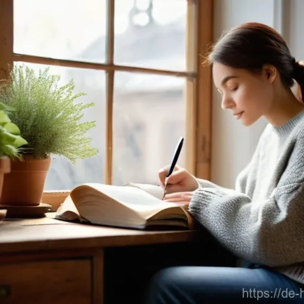 자기 성찰을 통해 배운 경험 공유하기 - **Prompt:** "A person in their late 20s, with a warm and contemplative expression, is sitting comfor...