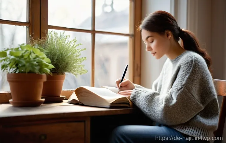 자기 성찰을 통해 배운 경험 공유하기 - **Prompt:** "A person in their late 20s, with a warm and contemplative expression, is sitting comfor...