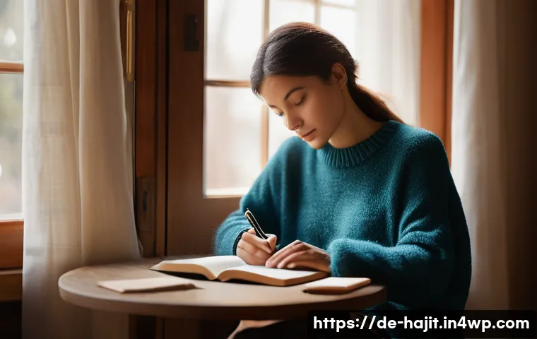 자기 성찰 일기의 효과적인 활용법 - **Prompt:** A tranquil and introspective scene of a person engaged in journaling. The individual, dr...