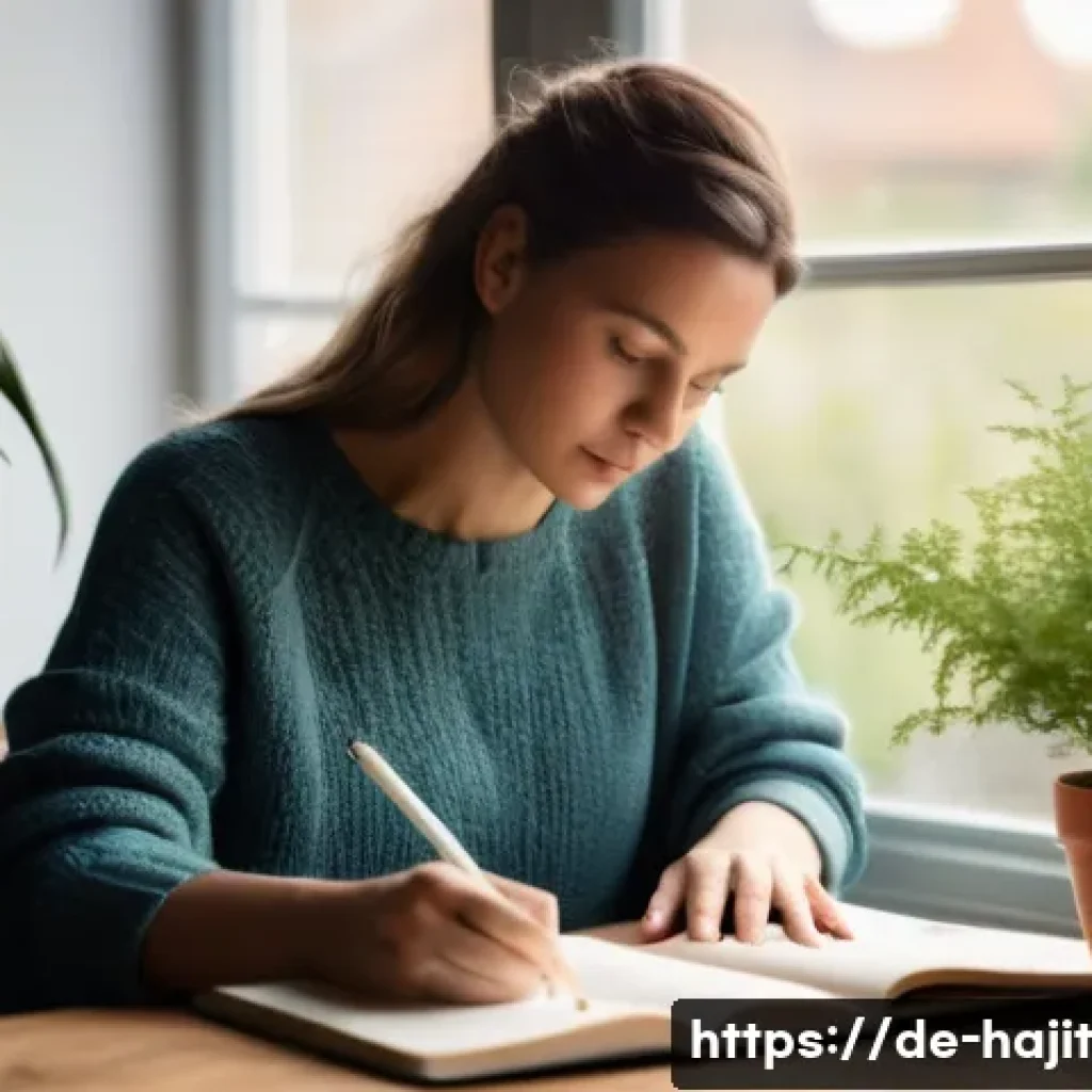 성공적인 자기 성찰 사례 연구 - A cozy, modern home office scene featuring a mid-30s German woman sitting at a wooden desk by a larg...