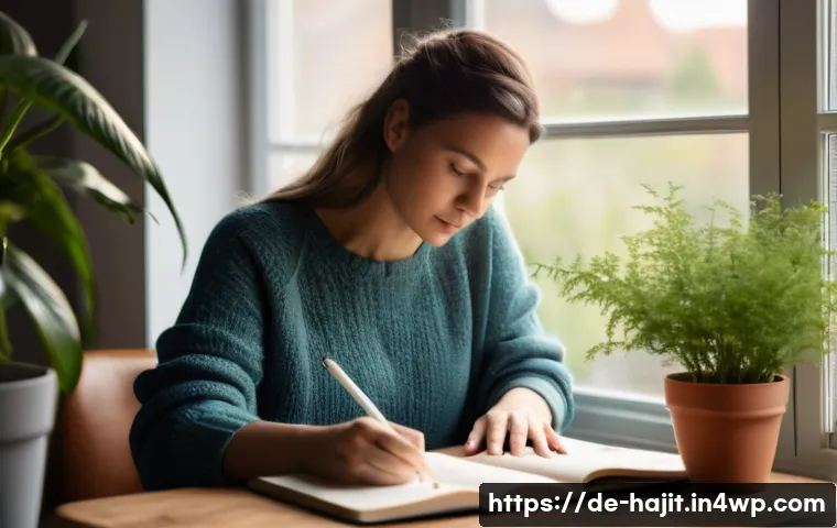 성공적인 자기 성찰 사례 연구 - A cozy, modern home office scene featuring a mid-30s German woman sitting at a wooden desk by a larg...