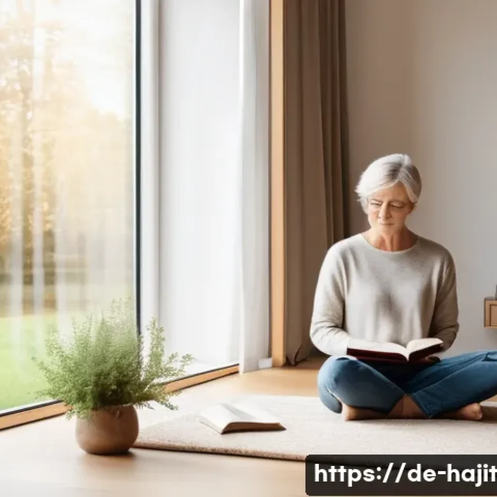 자기 성찰을 통한 회복탄력성 강화 - A serene, modern German living room scene showing a middle-aged person practicing mindful self-refle...