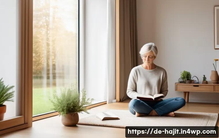 자기 성찰을 통한 회복탄력성 강화 - A serene, modern German living room scene showing a middle-aged person practicing mindful self-refle...