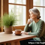 Home 21 자기 성찰을 위한 목표 설정 방법 - A serene indoor scene depicting a middle-aged German woman sitting peacefully by a large window in a...