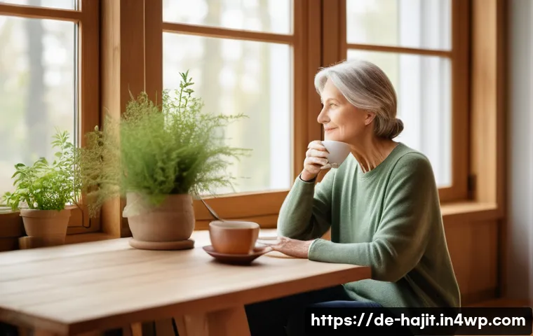 자기 성찰을 위한 목표 설정 방법 - A serene indoor scene depicting a middle-aged German woman sitting peacefully by a large window in a...
