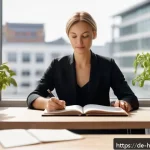 Home 20 자기 성찰과 성공적인 삶의 관계 - A serene, modern German office setting with a diverse group of professionals engaging in a mindful s...