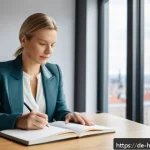 Home 19 자기 성찰과 네트워킹의 중요성 - A professional German businesswoman in her 30s sitting at a modern desk in a bright office, thoughtf...