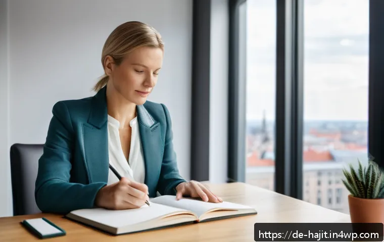 자기 성찰과 네트워킹의 중요성 - A professional German businesswoman in her 30s sitting at a modern desk in a bright office, thoughtf...