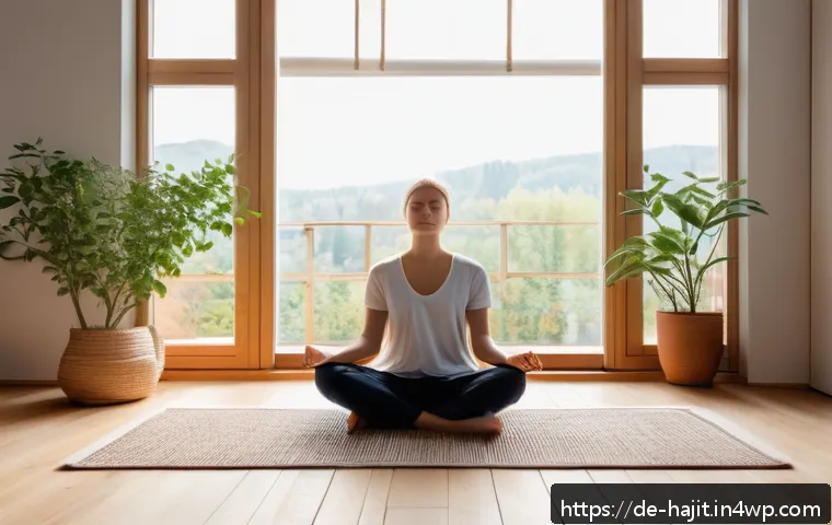 자기 성찰과 건강한 라이프스타일의 관계 - A serene morning scene in a cozy German apartment, featuring a young adult sitting cross-legged on a...