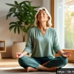 Home 23 자기 성찰과 자기 수용의 중요성 - A serene middle-aged German woman sitting cross-legged on a cozy living room floor during early morn...