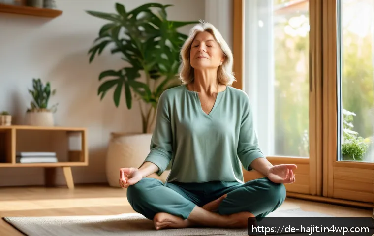 자기 성찰과 자기 수용의 중요성 - A serene middle-aged German woman sitting cross-legged on a cozy living room floor during early morn...
