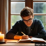 Home 18 자기 성찰을 통한 삶의 의미 찾기 - A cozy, sunlit home office scene showing a young adult journaling thoughtfully in a leather-bound di...