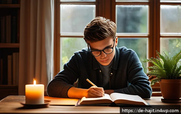 자기 성찰을 통한 삶의 의미 찾기 - A cozy, sunlit home office scene showing a young adult journaling thoughtfully in a leather-bound di...