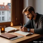 Home 23 자기 성찰을 통해 인생의 교훈 배워가기 - A cozy, softly lit study room in a modern German apartment, featuring a person sitting at a wooden d...