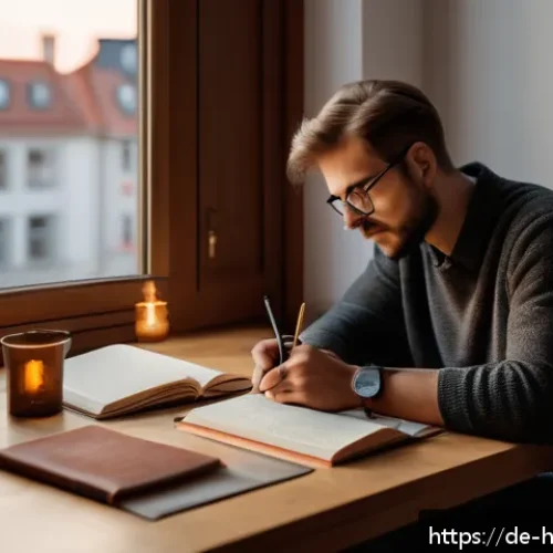 Home 17 자기 성찰을 통해 인생의 교훈 배워가기 - A cozy, softly lit study room in a modern German apartment, featuring a person sitting at a wooden d...