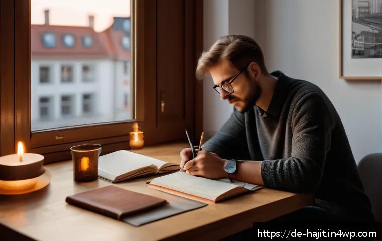 자기 성찰을 통해 인생의 교훈 배워가기 - A cozy, softly lit study room in a modern German apartment, featuring a person sitting at a wooden d...