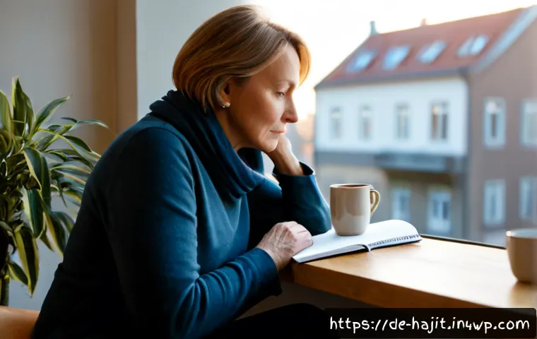 자기 성찰을 통해 얻는 통찰력 - Photorealistic contemplative scene of a middle-aged German woman sitting alone beside a large apartm...