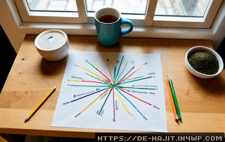 자기 성찰을 위한 마인드맵 작성법 - Photorealistic overhead view of a German adult creating a personal self-reflection mind map at a tid...