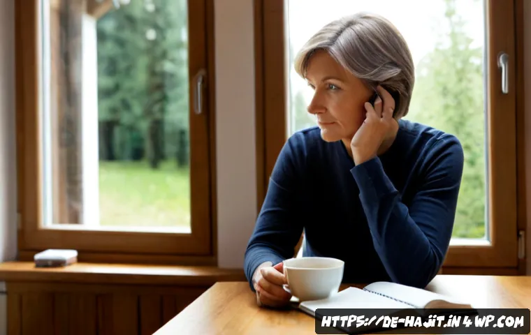 Home 17 자기 성찰을 돕는 질문 리스트 - Photorealistic scene of a thoughtful middle-aged German woman sitting at a tidy wooden desk by a lar...
